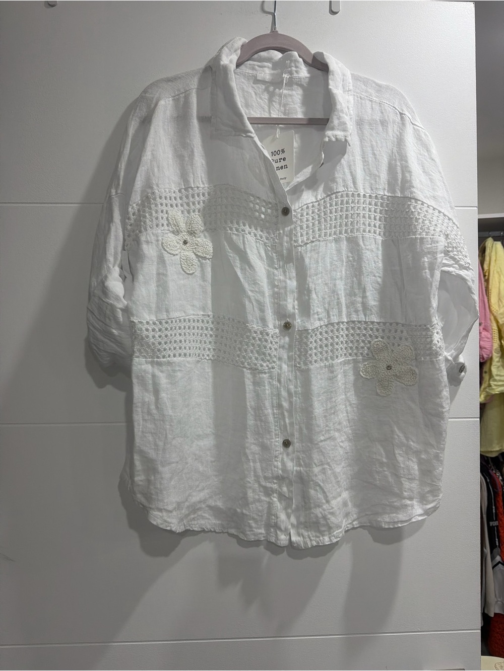White Linen Crochet-Trim Button Front Shirt